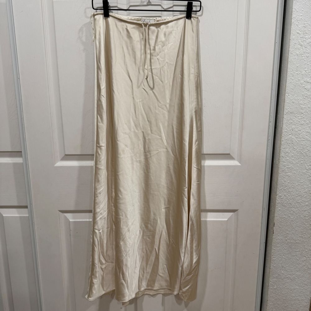 L'academie Cream Satin Maxi Skirt Champagne Side Zip Tie Waist Size M AS IS